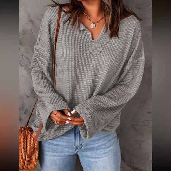 Cozy Waffle Knit Notched Neck Long Sleeve Top - Picture 5 of 7